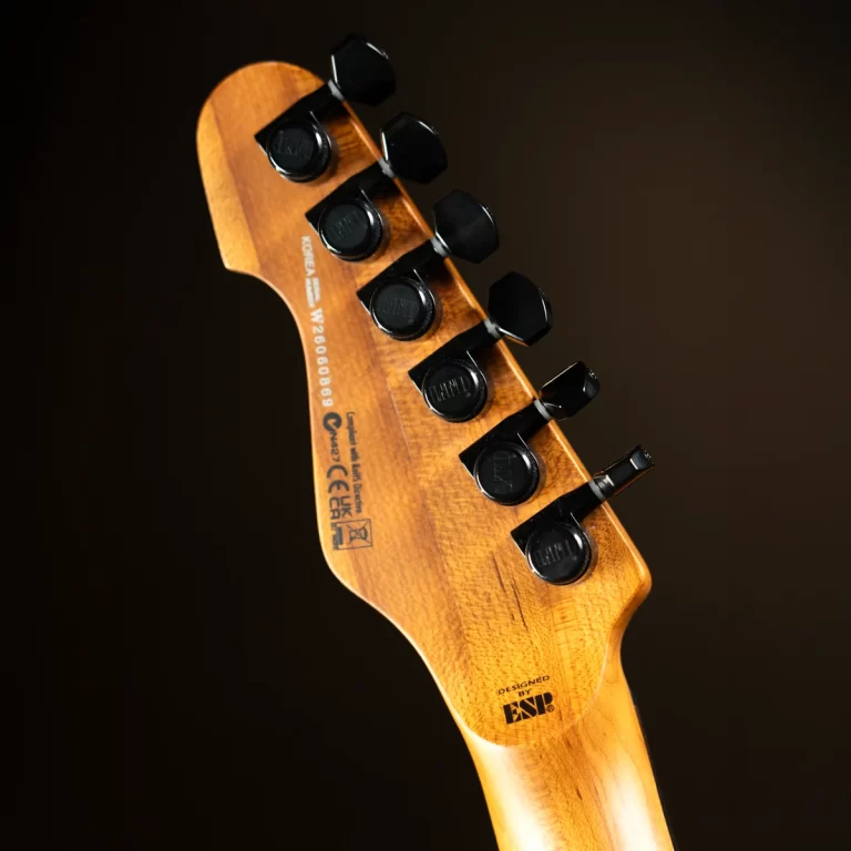 Close-up of a wooden guitar headstock with six black tuning pegs on a dark background. ขายราคาพิเศษ