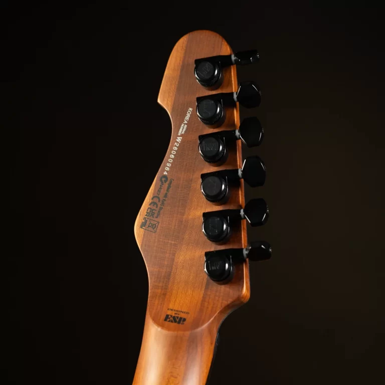 Back of a wooden guitar headstock with six black tuning pegs, lit against a dark background. ขายราคาพิเศษ