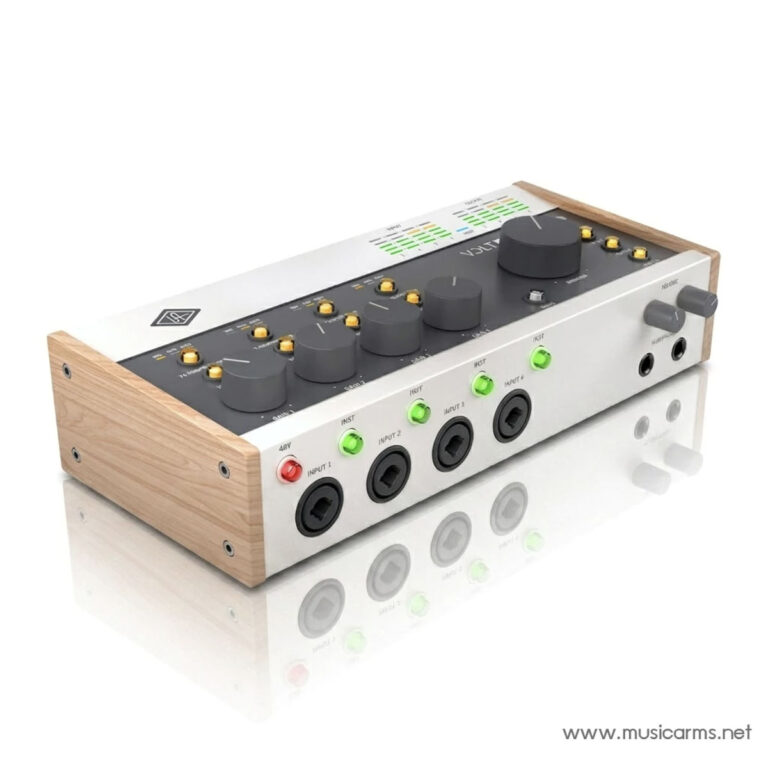 Wooden‑sided studio audio interface with multiple input jacks, knobs, and green LED indicators for input activity and levels (www.musicarms.net watermark) ขายราคาพิเศษ