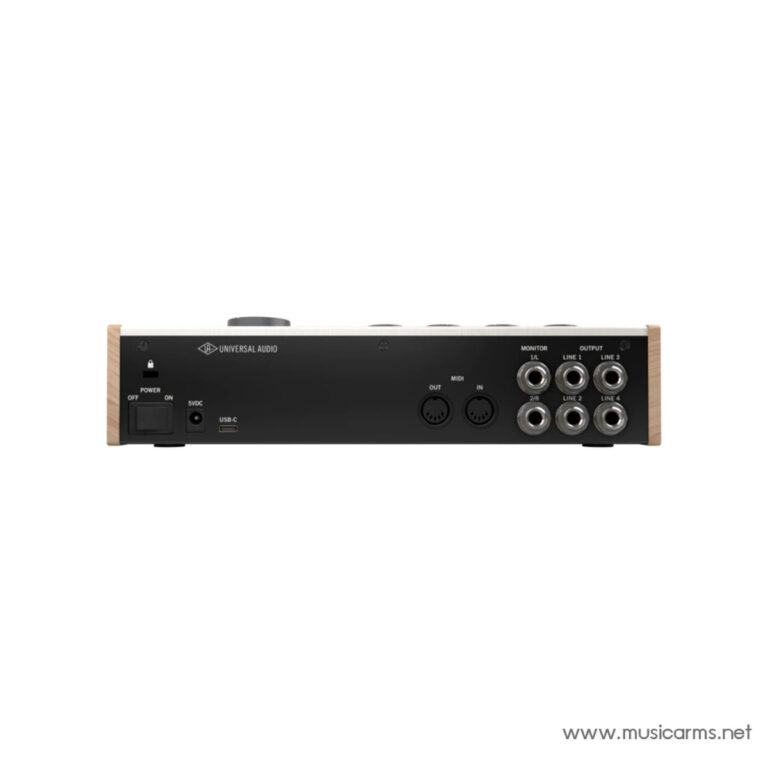 Rear view of a Universal Audio audio interface showing power switch, USB-C port, MIDI ports, and multiple line input/output jacks with wooden side panels. ขายราคาพิเศษ