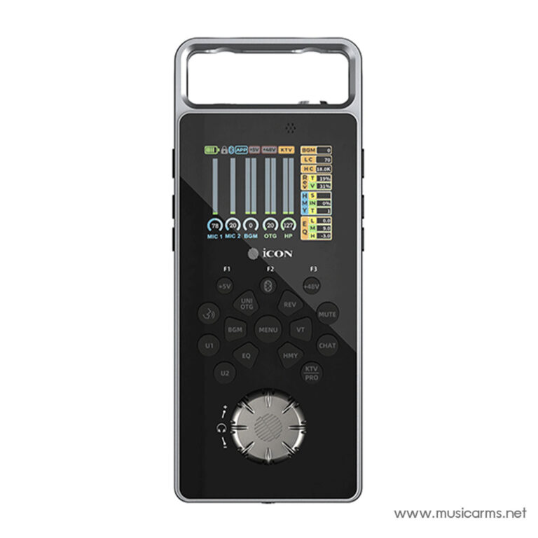 Professional wireless microphone receiver with front-panel LED level meters, labeled controls, and a large tuning dial on the lower half (ICON brand). ขายราคาพิเศษ