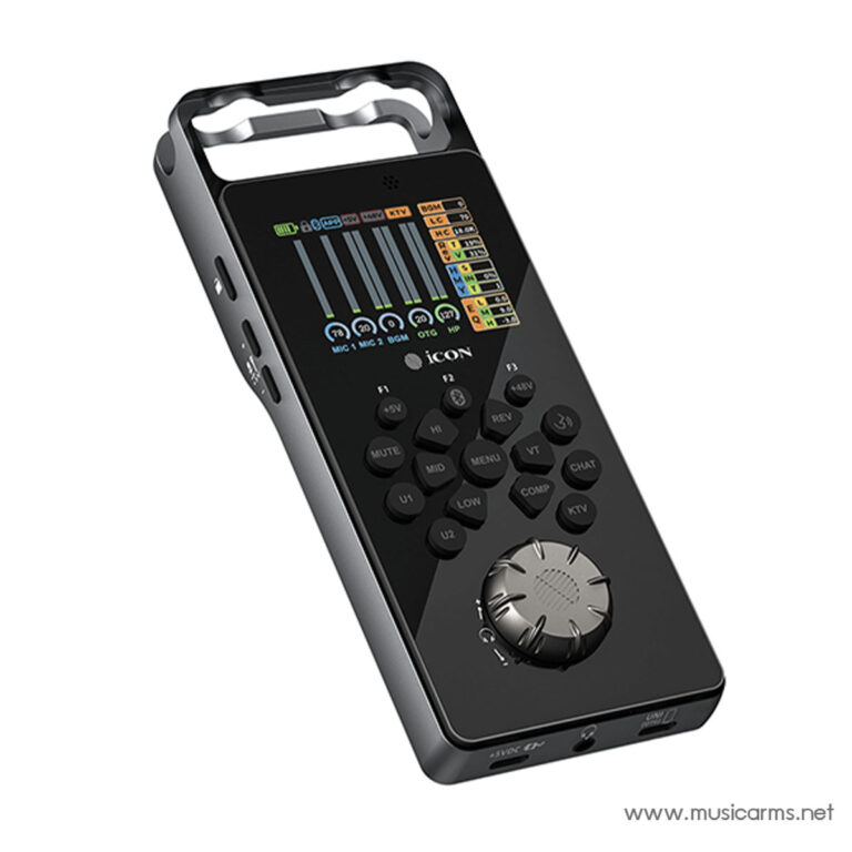 Portable handheld audio recorder with a circular jog dial, numeric keypad, and colorful level meters on a black body (iC-ON brand). ขายราคาพิเศษ