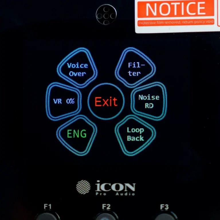 Circular control panel with a central red 'Exit' button and six surrounding labeled keys: Voice Over, Filter, VR 0%, Noise RD, ENG, Loop Back (ICON Pro Audio). ขายราคาพิเศษ