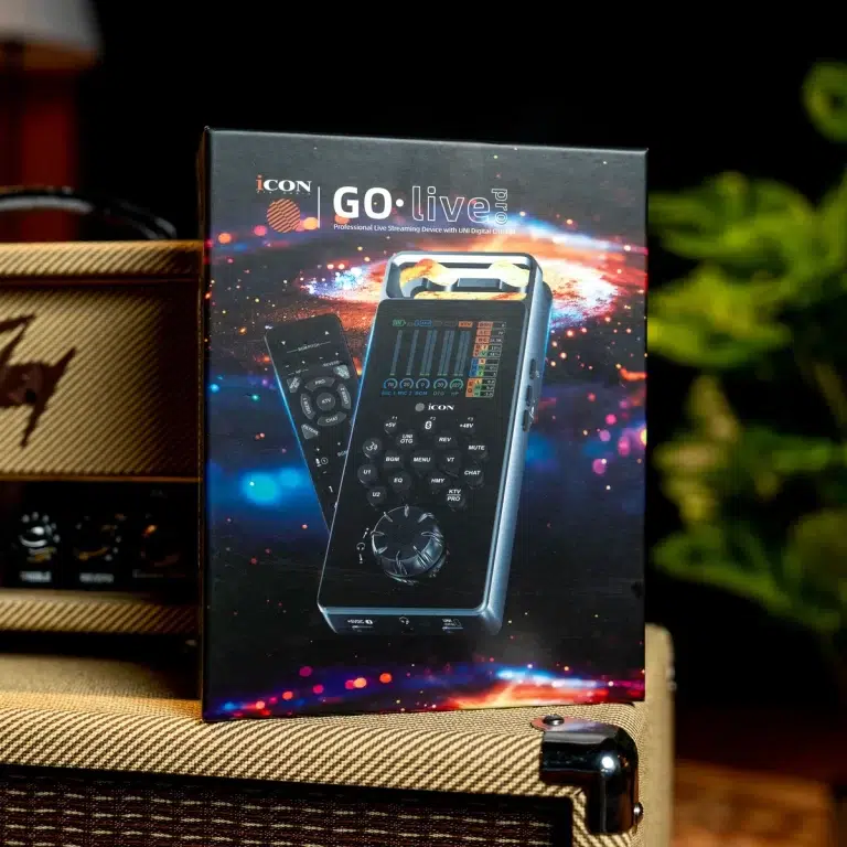 Boxed GO-live professional live streaming device with remote control image on the packaging against colorful lights ขายราคาพิเศษ