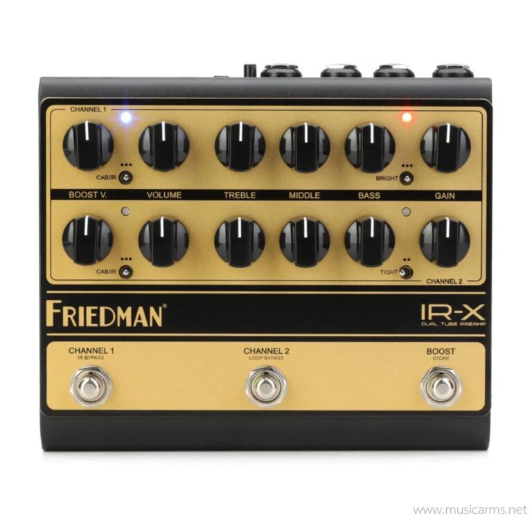 Friedman IR-X dual-tube preamp pedal for guitar with two channels, gold face, and multiple control knobs on a black chassis, footswitches at bottom left, center, and right. ขายราคาพิเศษ