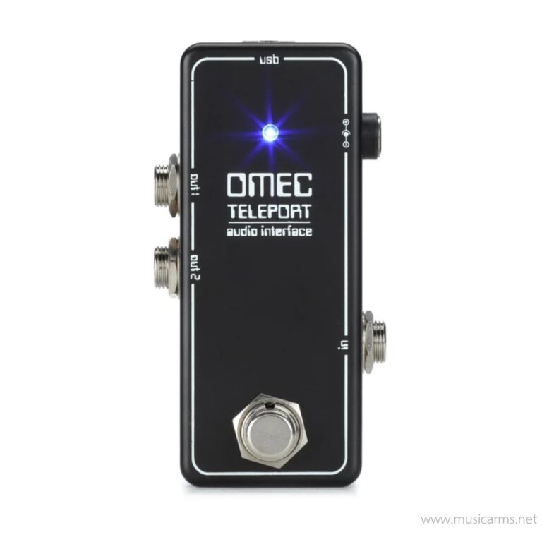 Black pedal-style USB audio interface labeled 'OMEC Teleport' with blue LED and side output jacks on both sides. ขายราคาพิเศษ