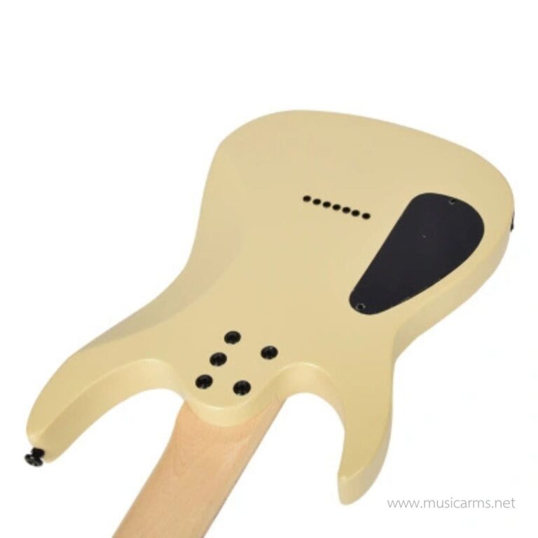 Back view of a beige classical guitar body with a black pickguard on the right side and small circular holes near the neck joint. ขายราคาพิเศษ