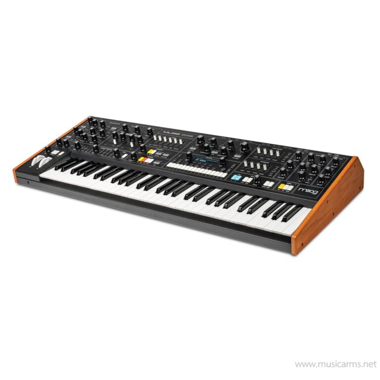 Moog-style analog synthesizer keyboard with numerous knobs, sliders, and colorful patch buttons along a dark panel and wooden side panels. ขายราคาพิเศษ