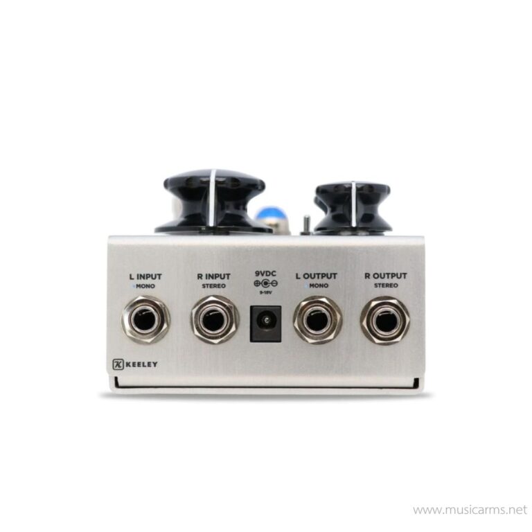 Front view of a Keeley guitar effects pedal with dual input and output jacks and a 9V power jack on a silver chassis with Keeley logo. ขายราคาพิเศษ