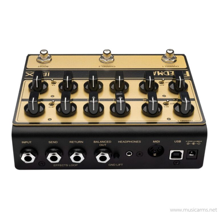 Compact guitar effects pedal with 10 black knobs on a gold top panel; front panel shows INPUT, SEND, RETURN, BALANCED OUT, HEADPHONES, MIDI, USB ports. ขายราคาพิเศษ