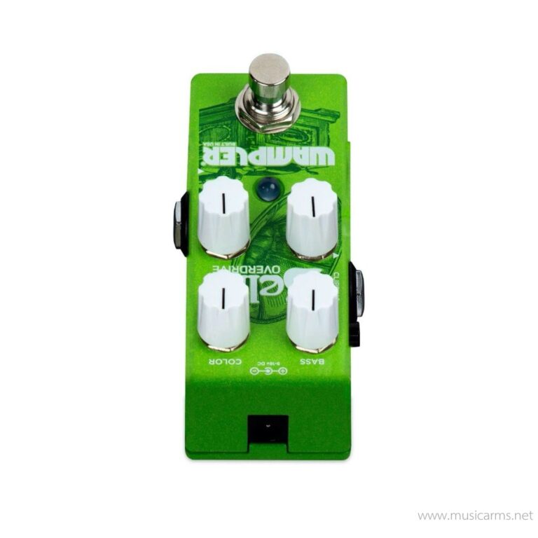 Green guitar effects pedal with four white knobs and a metal footswitch, used for overdrive for electric guitar (top view). ขายราคาพิเศษ