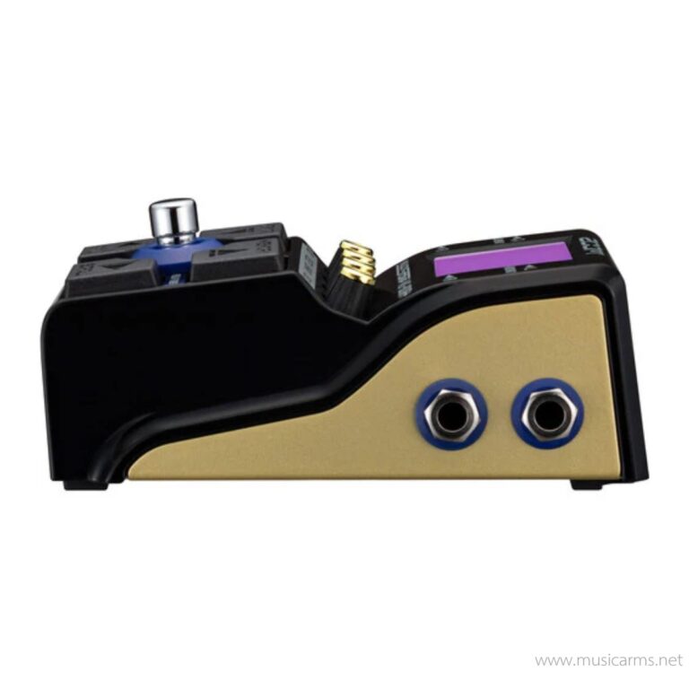 Side view of a black-and-gold guitar effects pedal with two blue-outlined jacks on the gold panel and a purple display on top ขายราคาพิเศษ