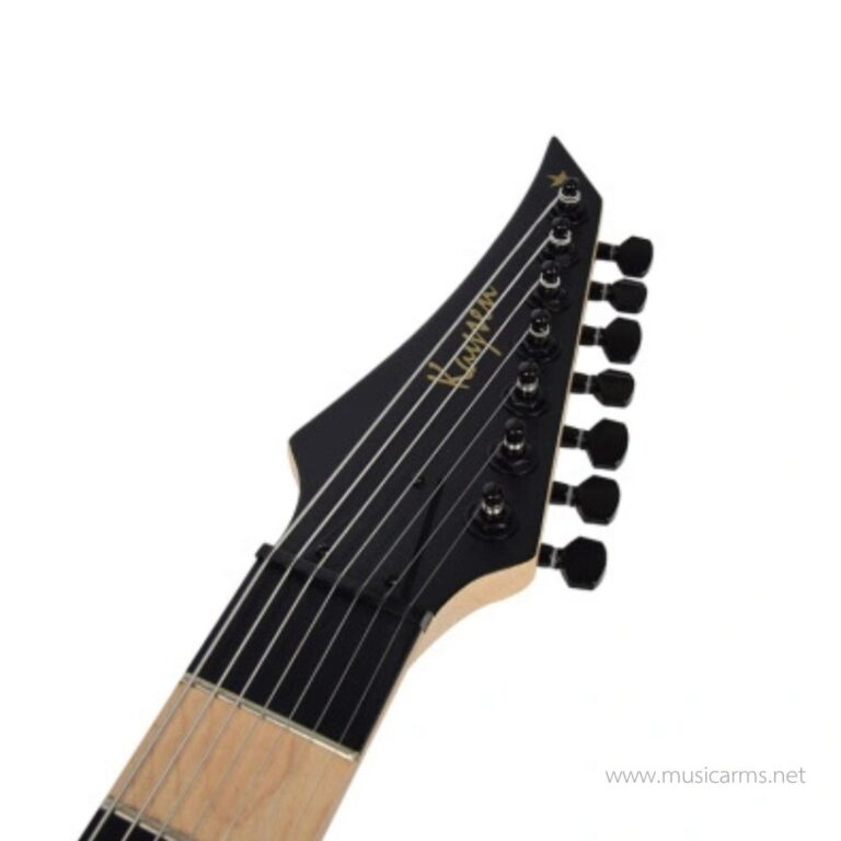 Close-up of a black electric guitar headstock with gold logo and multiple tuning pegs, strings and part of the neck visible ขายราคาพิเศษ