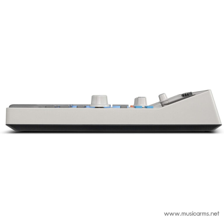 Side profile of a compact white MIDI controller with multiple knobs and a slanted control panel. ขายราคาพิเศษ