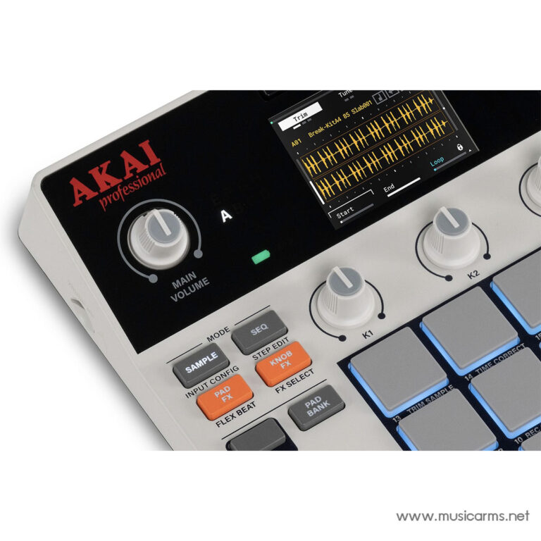 AKAI Professional drum pad controller with a large circular volume knob and a color LCD screen showing waveform patterns and settings, plus blue-lit pads on the right. ขายราคาพิเศษ
