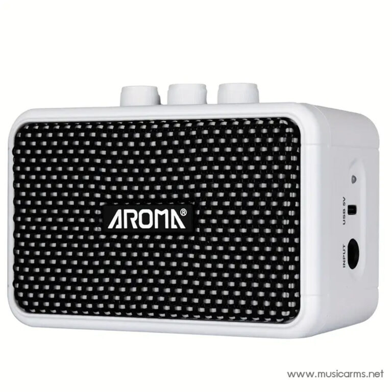White compact portable speaker with a black mesh grille and three white knobs on top, Aroma branding visible on front. ขายราคาพิเศษ