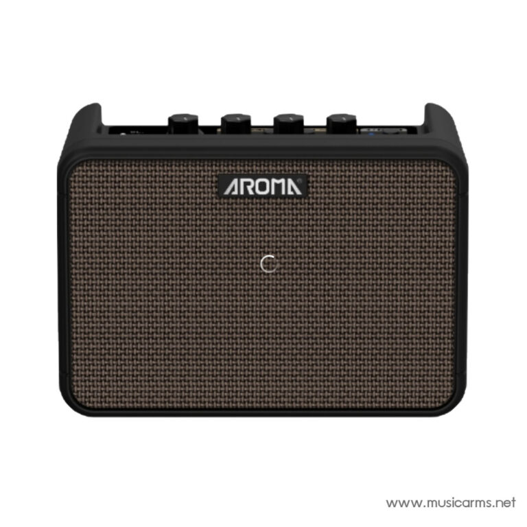 Aroma portable Bluetooth speaker with a brown woven grille and black outer frame, showing control knobs on top. ขายราคาพิเศษ
