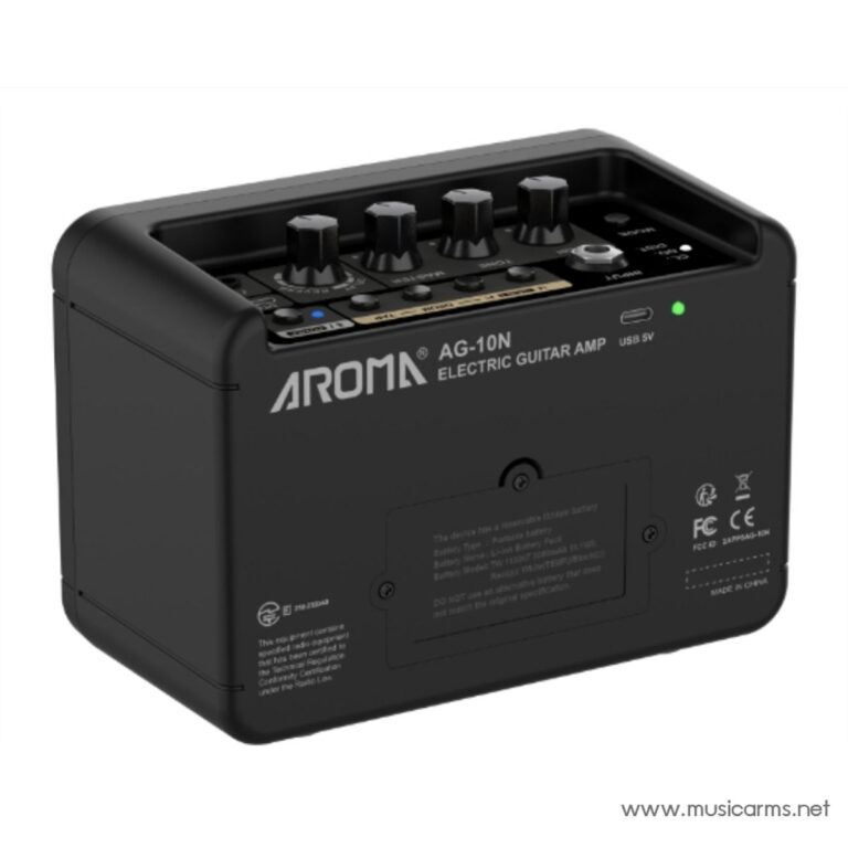 Aroma AG-10N portable electric guitar amp in black with control knobs on top and USB power indicator. ขายราคาพิเศษ