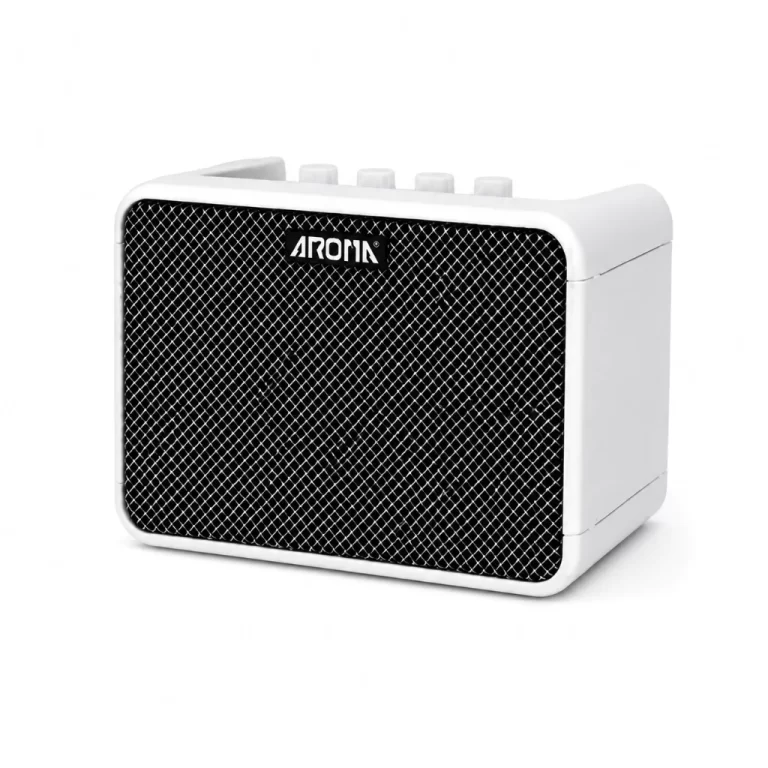 White portable speaker with a black mesh front and control knobs on top, labeled Aroma on the grille. ขายราคาพิเศษ