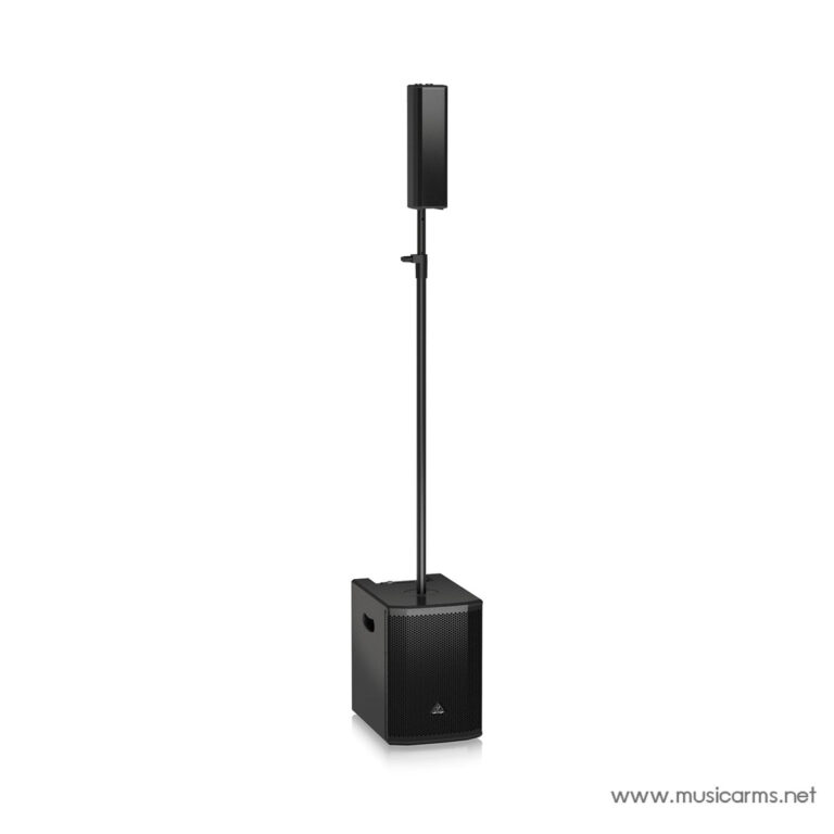 Black portable PA speaker on a height-adjustable stand with a square subwoofer at the base, used for live sound. ขายราคาพิเศษ