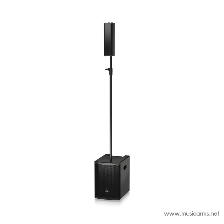 Portable PA system: tall vertical speaker on a stand mounted above a rectangular subwoofer on the floor (black). ขายราคาพิเศษ
