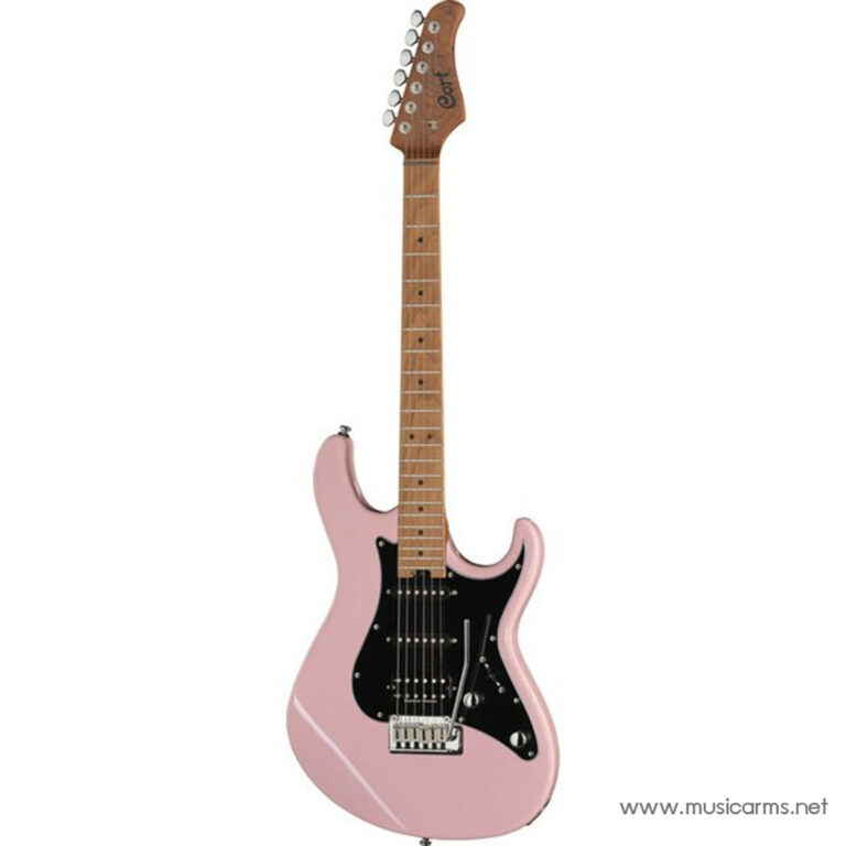 Pink solid-body electric guitar with a black pickguard and tremolo bridge. ขายราคาพิเศษ