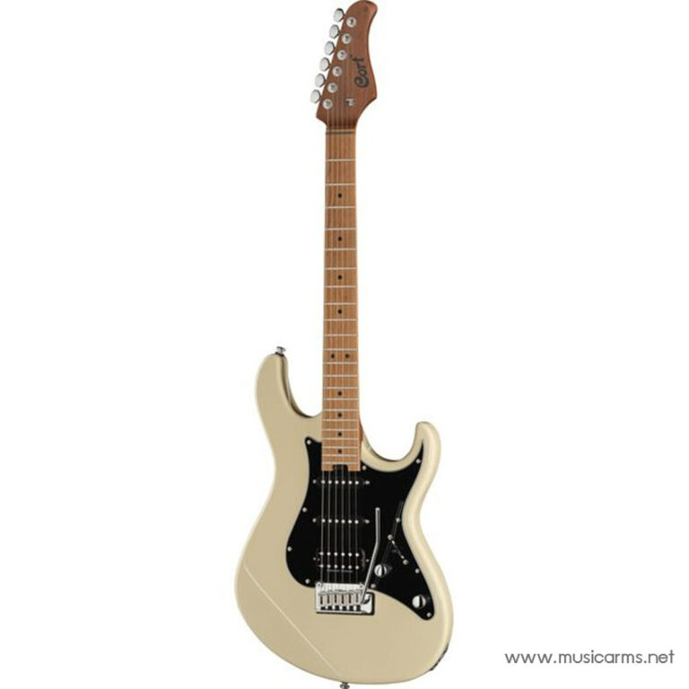 Beige Stratocaster-style electric guitar with a maple neck, black pickguard, and three pickups. ขายราคาพิเศษ