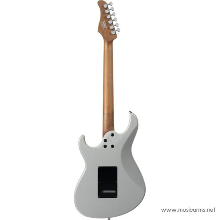 Rear view of a gray electric guitar with a natural wood neck, showing back control cavity cover and six tuner heads on the headstock. ขายราคาพิเศษ