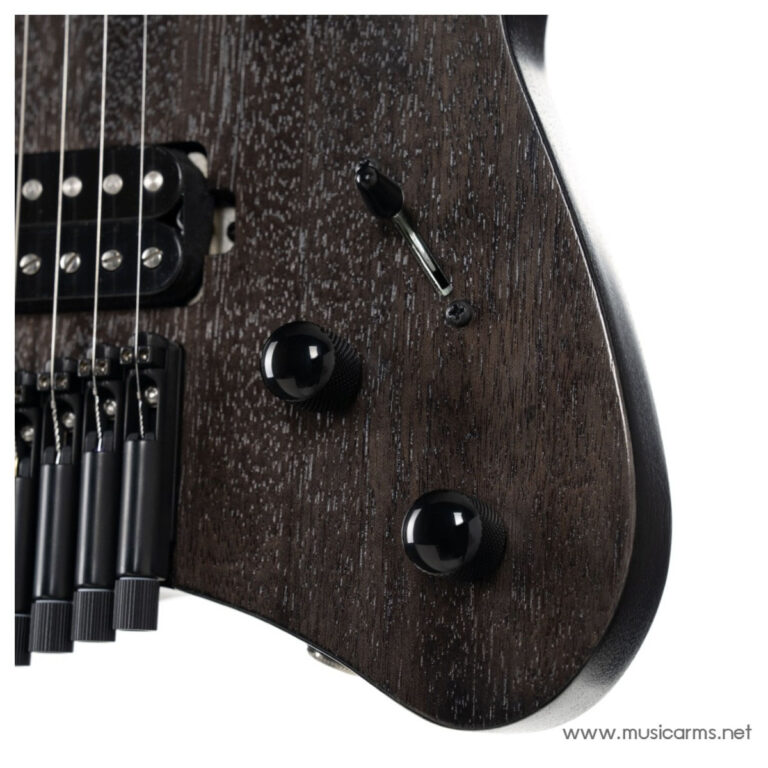 Close-up of a dark wood electric guitar body showing pickups, a toggle switch, and two black control knobs. ขายราคาพิเศษ