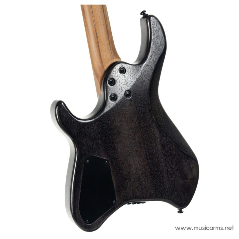 Back view of a dark stained electric bass guitar, showing the neck joint and control cavities at the body’s edge. ขายราคาพิเศษ