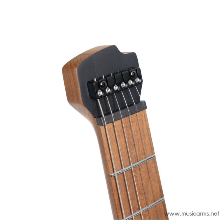 Close-up of an electric guitar headstock with a black locking nut and six metal tuning pegs on a wooden neck. ขายราคาพิเศษ