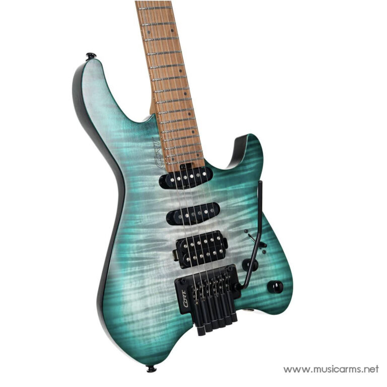 Teal burst electric guitar with a maple neck and locking tremolo bridge shown at an angled side view. ขายราคาพิเศษ