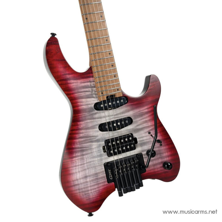 Red burst electric guitar with a maple neck, three pickups, and a locking tremolo bridge shown at an angled side view ขายราคาพิเศษ