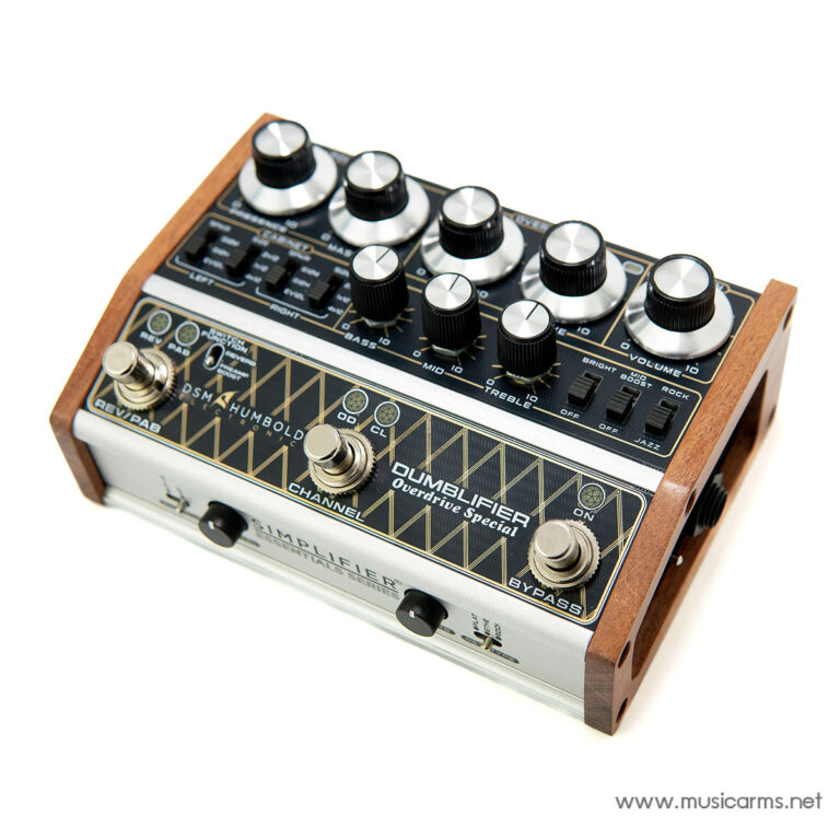 Boutique guitar effects pedal with multiple knobs and wooden sides, labeled Dumblefier Overdrive Special from Musicars.net ขายราคาพิเศษ