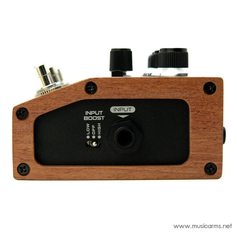 Wooden guitar effects pedal with black control panel, input jack, and screw-fastened corners ขายราคาพิเศษ