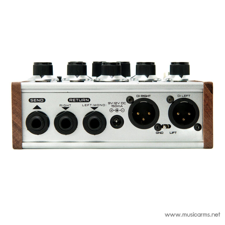 Front panel of a portable audio interface with four 1/4-inch jacks labeled Send, Return, and DI, plus XLR/9V input and ground and lift switches. ขายราคาพิเศษ