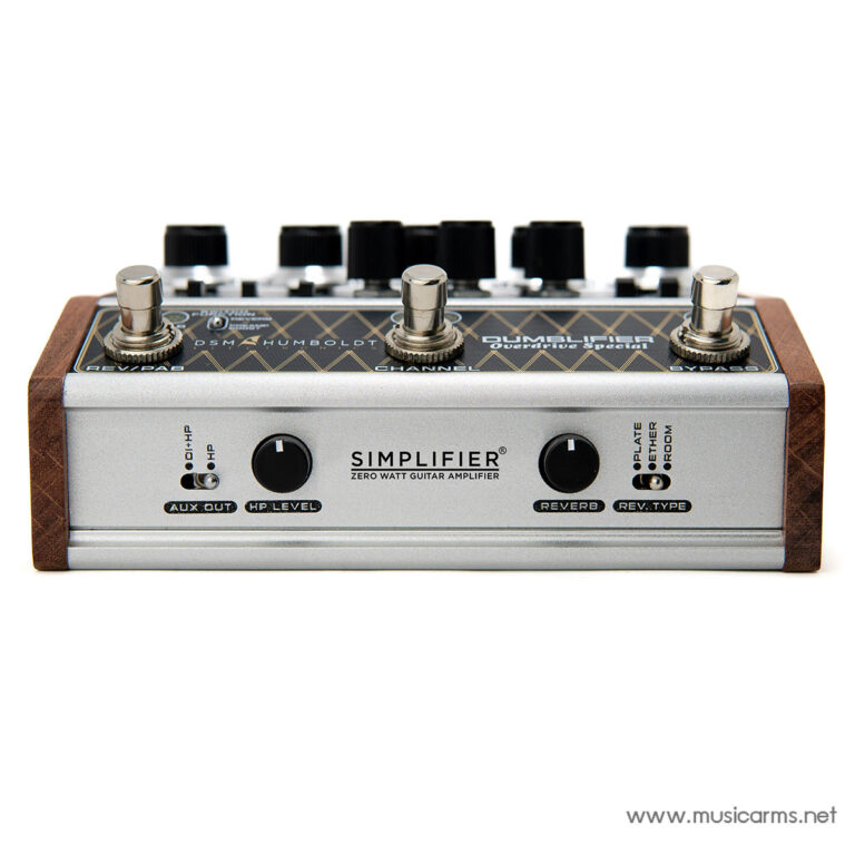 IE: A metal and wood guitar effects pedal labeled 'SIMPLIFIER' with multiple knobs and footswitches on a white background (amp sim pedal). ขายราคาพิเศษ