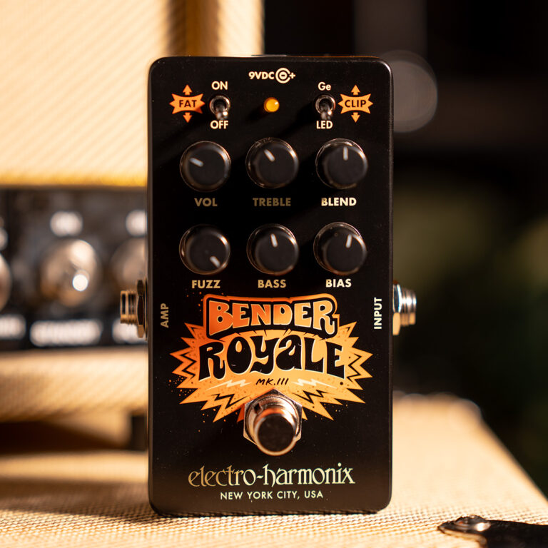 Close-up of a black Bender Royale MK III guitar effects pedal by Electro-Harmonix, showing six knobs and two small switches on the front panel ขายราคาพิเศษ
