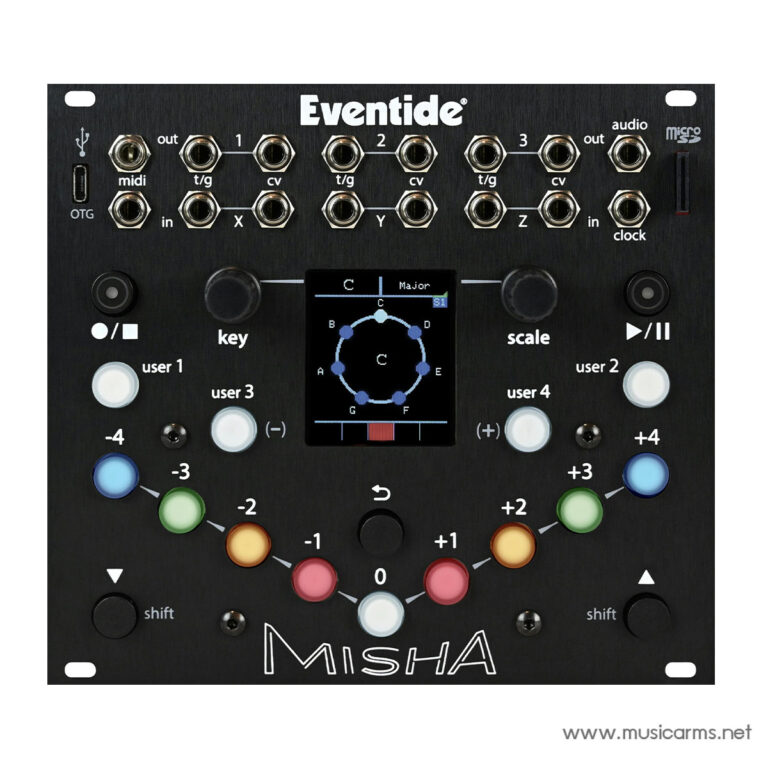 Front panel of a MISHA Eventide MIDI controller with multicolored circular pads, knobs, and a central display panel at the center of a dark metal faceplate. ขายราคาพิเศษ