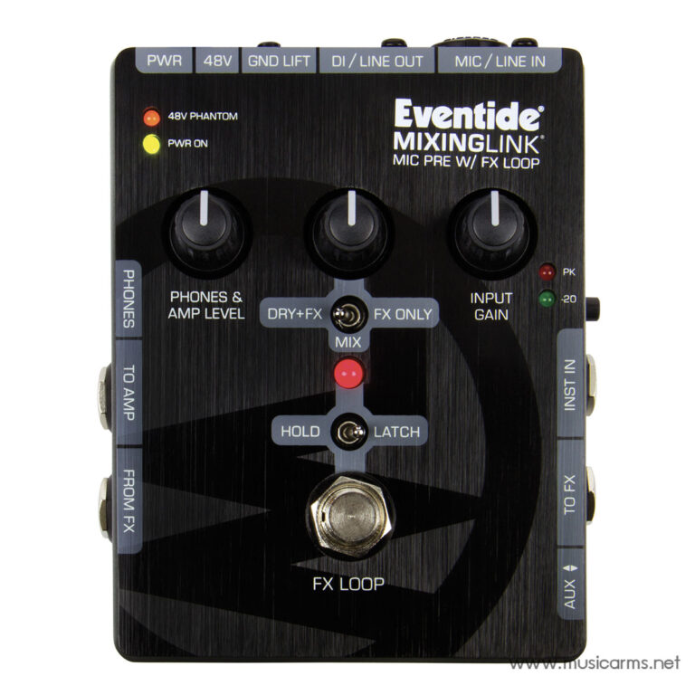 Top view of an Eventide MixingLink mic pre with FX loop pedal, showing three control knobs, FX LOOP/DRY+FX selector, and hold/latch footswitch, with labeled input/output on the sides. ขายราคาพิเศษ