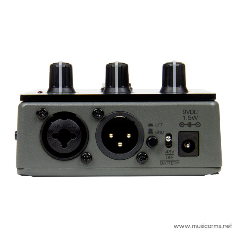 Compact guitar effects pedal with three control knobs on top, back panel showing 9V DC 1.5W, lift/gnd labels, and power/battery connectors; watermark www.musicarms.net ขายราคาพิเศษ