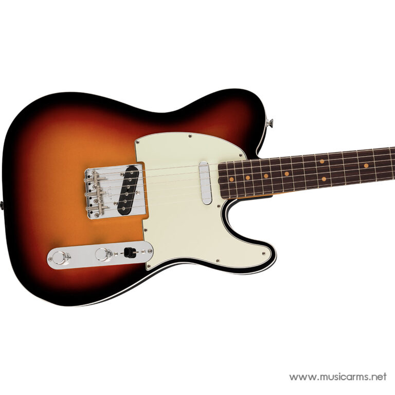 Sunburst electric guitar with cream pickguard and two pickups on a white background, Telecaster-style body edge visible to the left ขายราคาพิเศษ