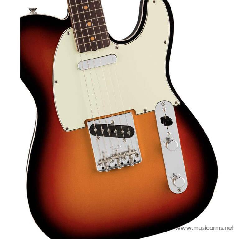 Sunburst electric guitar close-up showing cream pickguard, single-coil pickup, bridge, and control plate with knobs and switch. ขายราคาพิเศษ