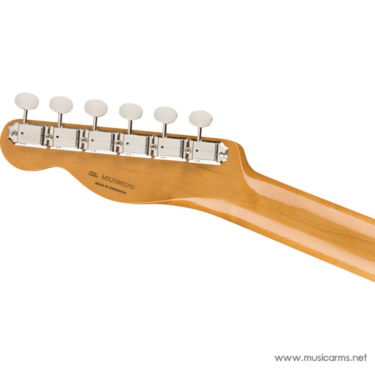 Back view of a guitar headstock with six chrome tuners and a maple neck on a white background ขายราคาพิเศษ