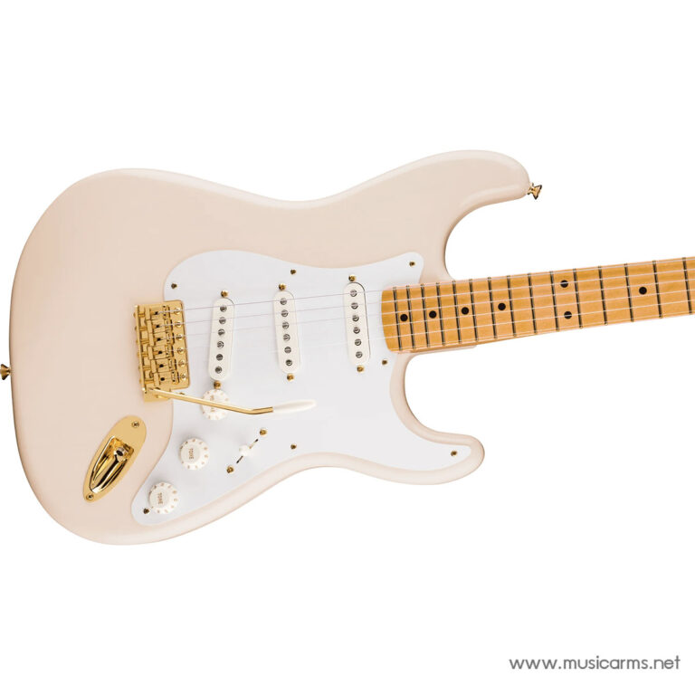 Cream diagonal electric guitar with a white pickguard, three single-coil pickups, and gold hardware on a pale pink body and maple neck. ขายราคาพิเศษ