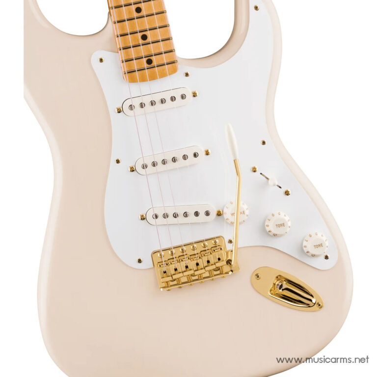 Pink electric guitar with white pickguard, three pickups, and gold hardware. ขายราคาพิเศษ