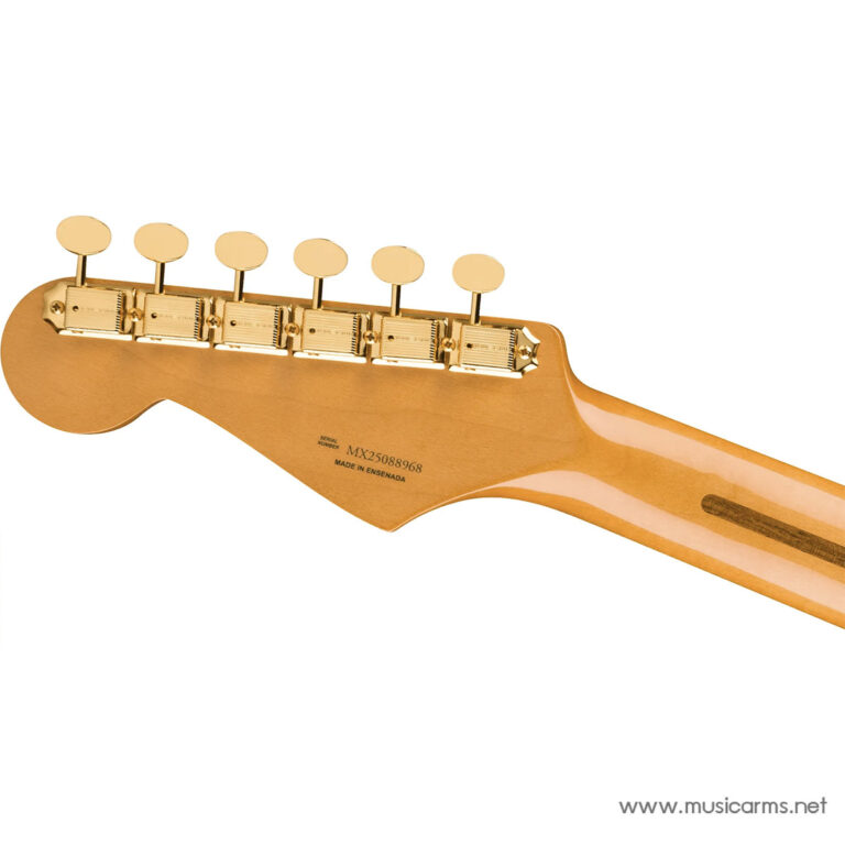 Gold guitar headstock back view with six tuning pegs and serial number engraved on the neck, guitar brands logo at the bottom right corner of the image ขายราคาพิเศษ