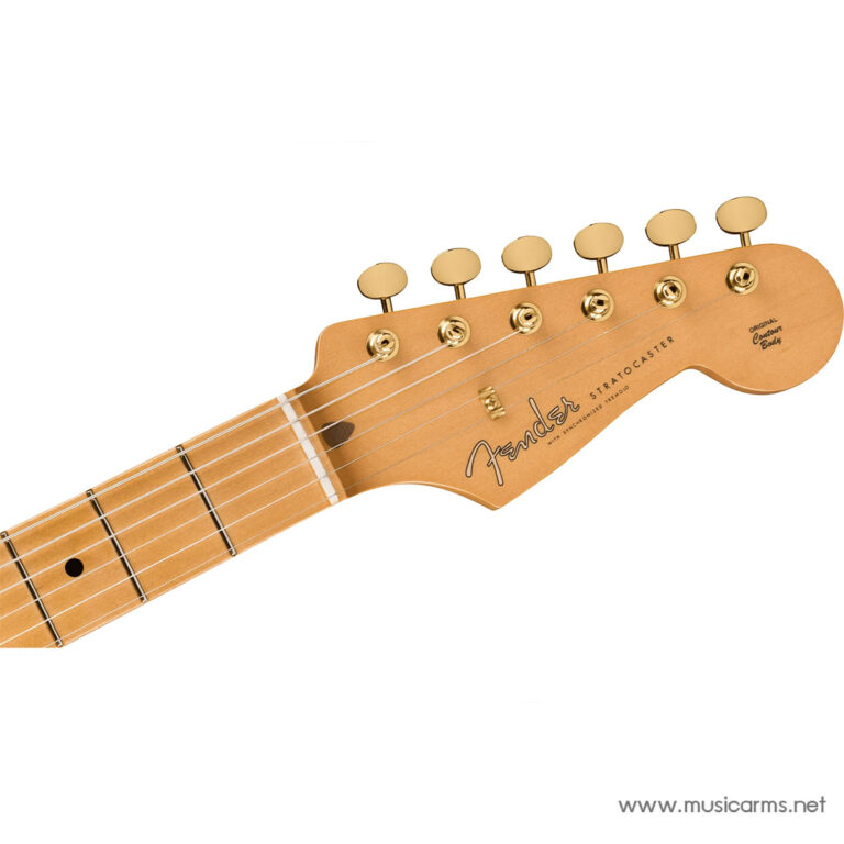 Close-up of a Fender Stratocaster guitar headstock with six gold tuners and a maple neck, showing the Fender logo and strings read as a musical instrument accessory. ขายราคาพิเศษ