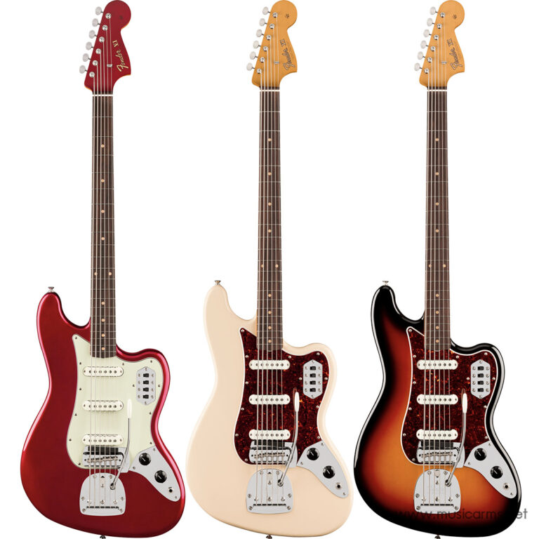 Three Fender Jazzmaster-style electric guitars in red, cream, and sunburst finishes, lined up against a white background with tortoiseshell pickguards and chrome hardware. ขายราคาพิเศษ