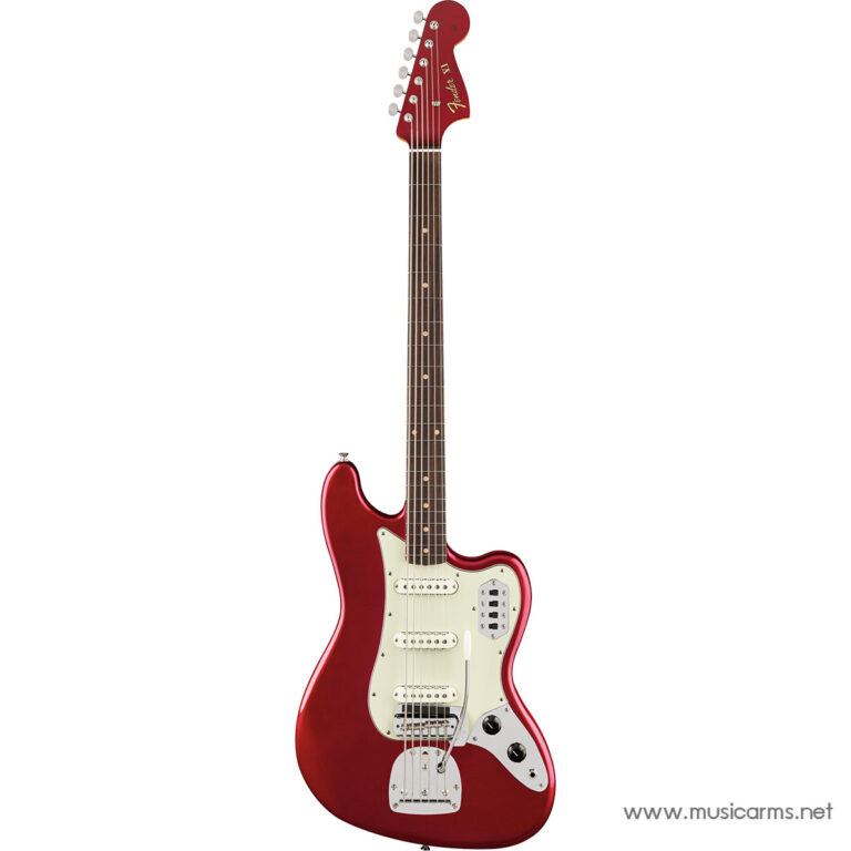 Red Fender-style offset electric guitar with a white pickguard on a white background. ขายราคาพิเศษ
